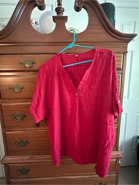 Red V-Neck Women's Top - Lightweight Button Detail